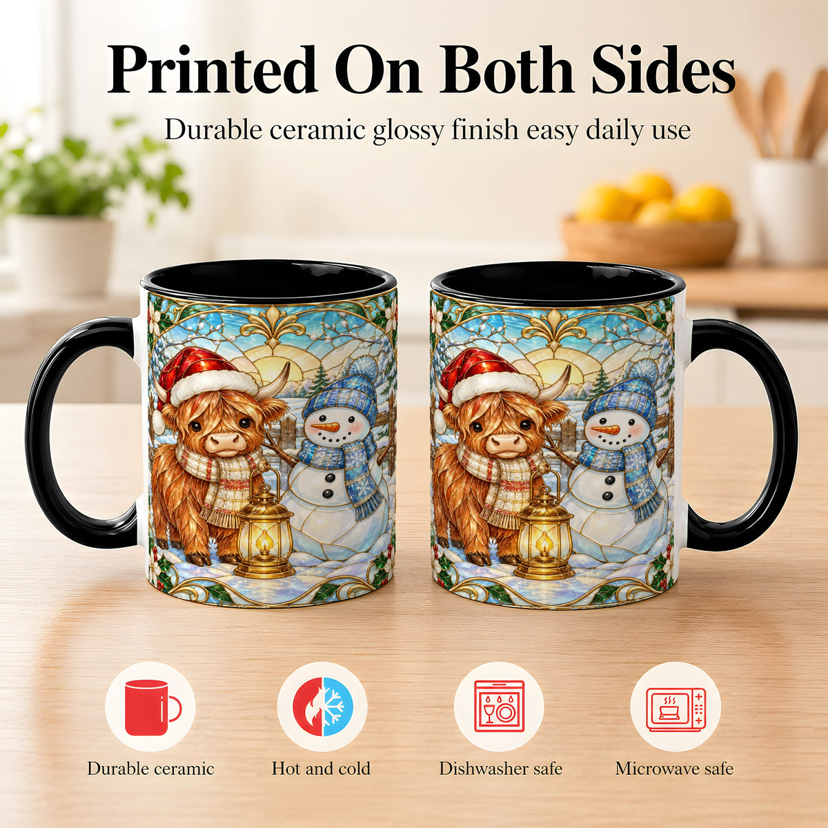 #pl[11oz|Black] Highland Cow Snowman Coffee Mug, Winter Holiday Mug, Ceramic Cup