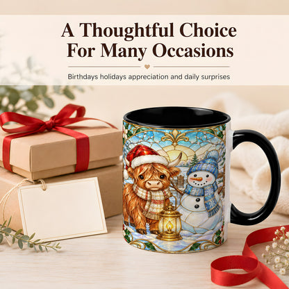 #pl[11oz|Black] Highland Cow Snowman Coffee Mug, Winter Holiday Mug, Ceramic Cup