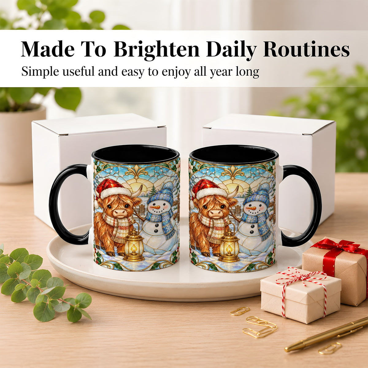 #pl[11oz|Black] Highland Cow Snowman Coffee Mug, Winter Holiday Mug, Ceramic Cup