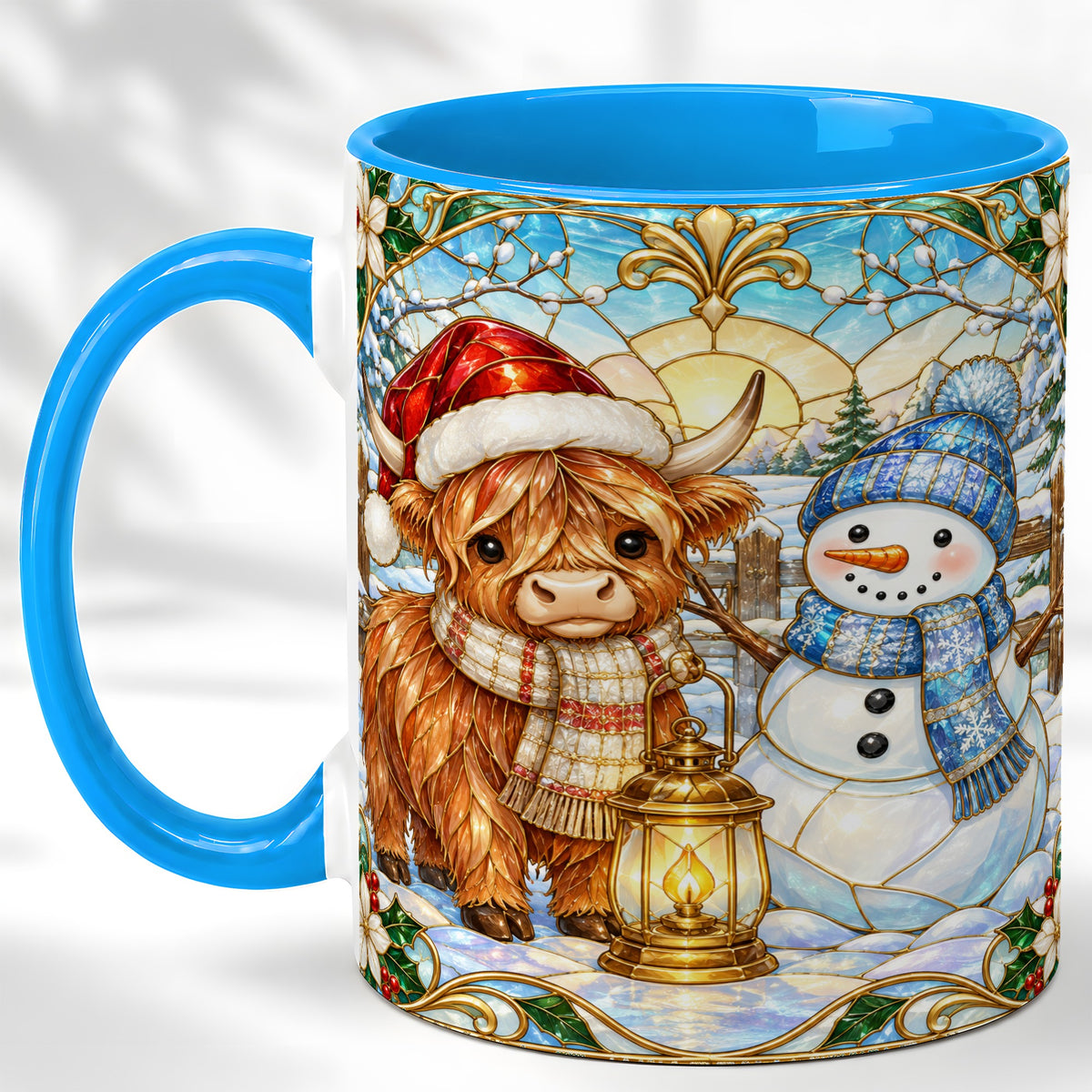 #pl[11oz|Blue] Highland Cow Snowman Coffee Mug, Winter Holiday Mug, Ceramic Cup