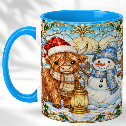 #pl[11oz|Blue] Highland Cow Snowman Coffee Mug, Winter Holiday Mug, Ceramic Cup