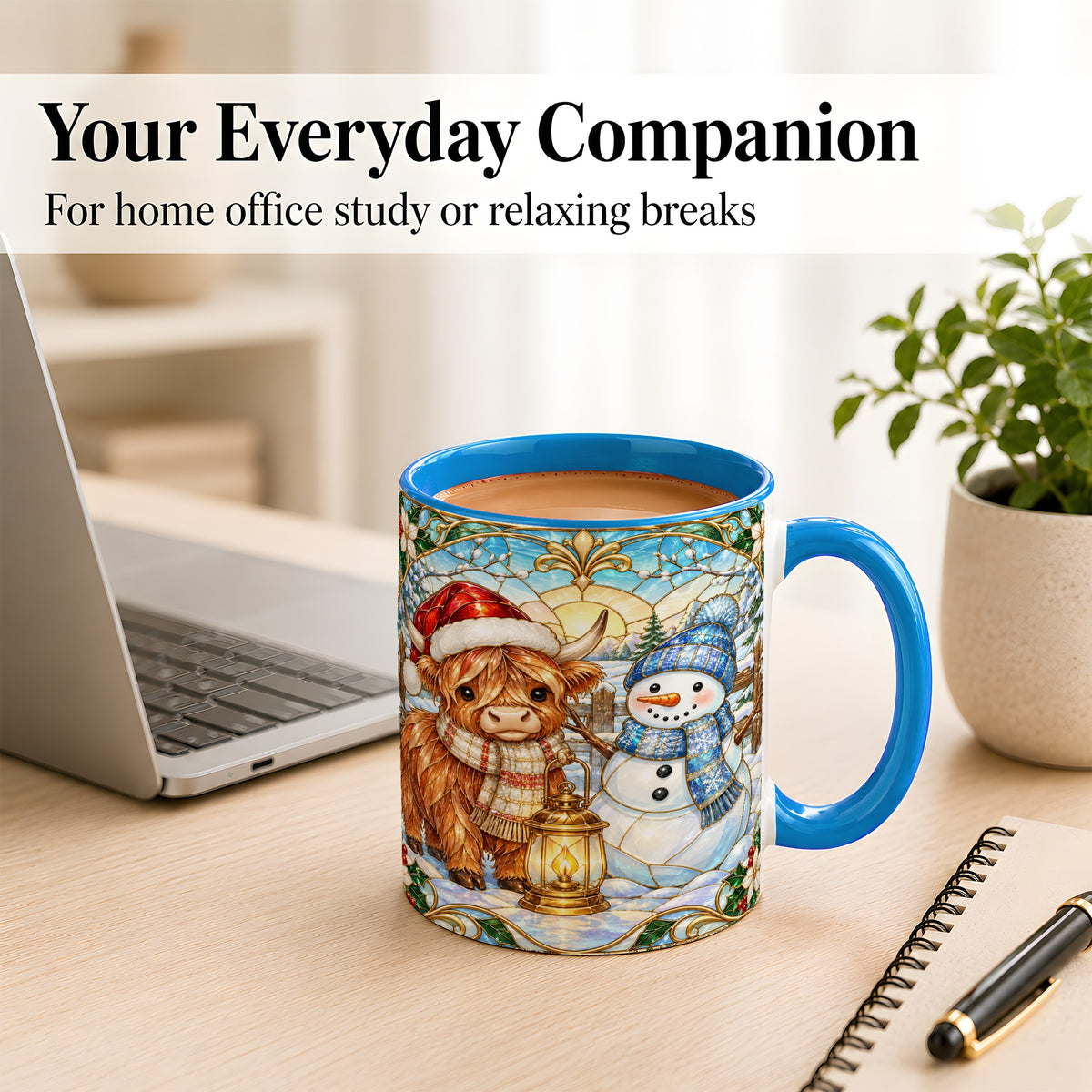 #pl[11oz|Blue] Highland Cow Snowman Coffee Mug, Winter Holiday Mug, Ceramic Cup