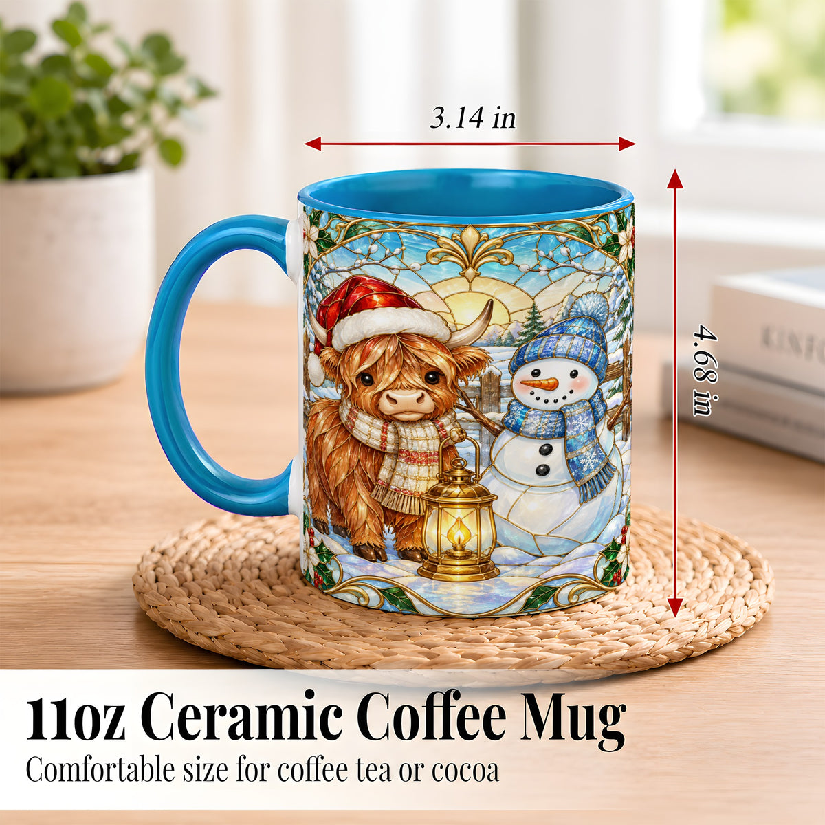 #pl[11oz|Blue] Highland Cow Snowman Coffee Mug, Winter Holiday Mug, Ceramic Cup