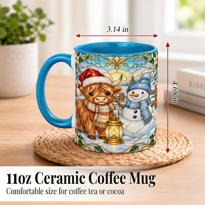 #pl[11oz|Blue] Highland Cow Snowman Coffee Mug, Winter Holiday Mug, Ceramic Cup
