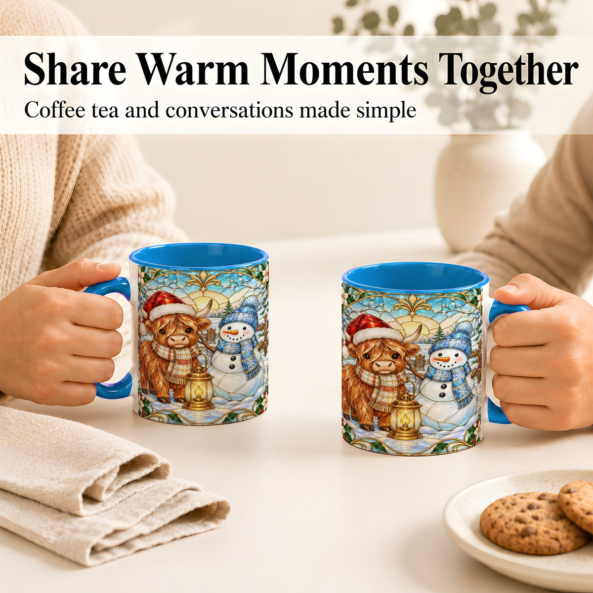 #pl[11oz|Blue] Highland Cow Snowman Coffee Mug, Winter Holiday Mug, Ceramic Cup