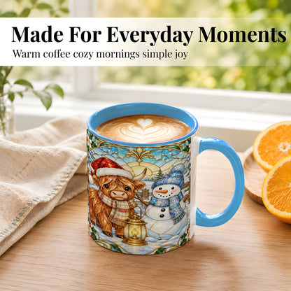 #pl[11oz|Blue] Highland Cow Snowman Coffee Mug, Winter Holiday Mug, Ceramic Cup