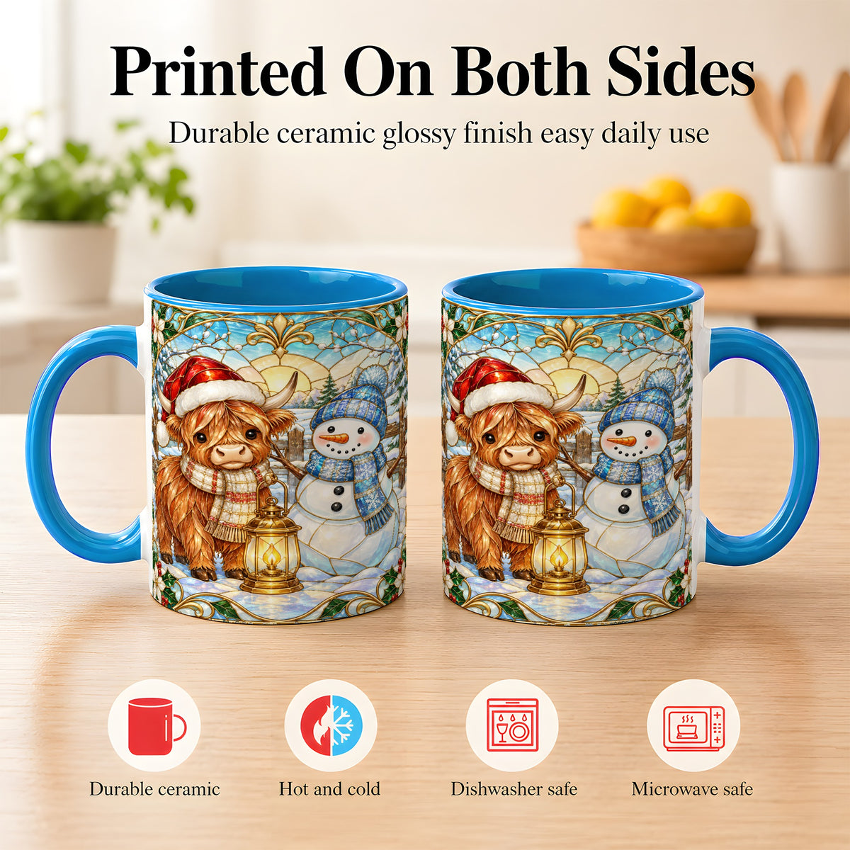 #pl[11oz|Blue] Highland Cow Snowman Coffee Mug, Winter Holiday Mug, Ceramic Cup