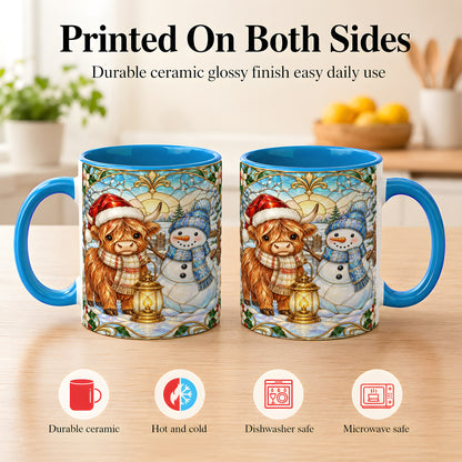 #pl[11oz|Blue] Highland Cow Snowman Coffee Mug, Winter Holiday Mug, Ceramic Cup