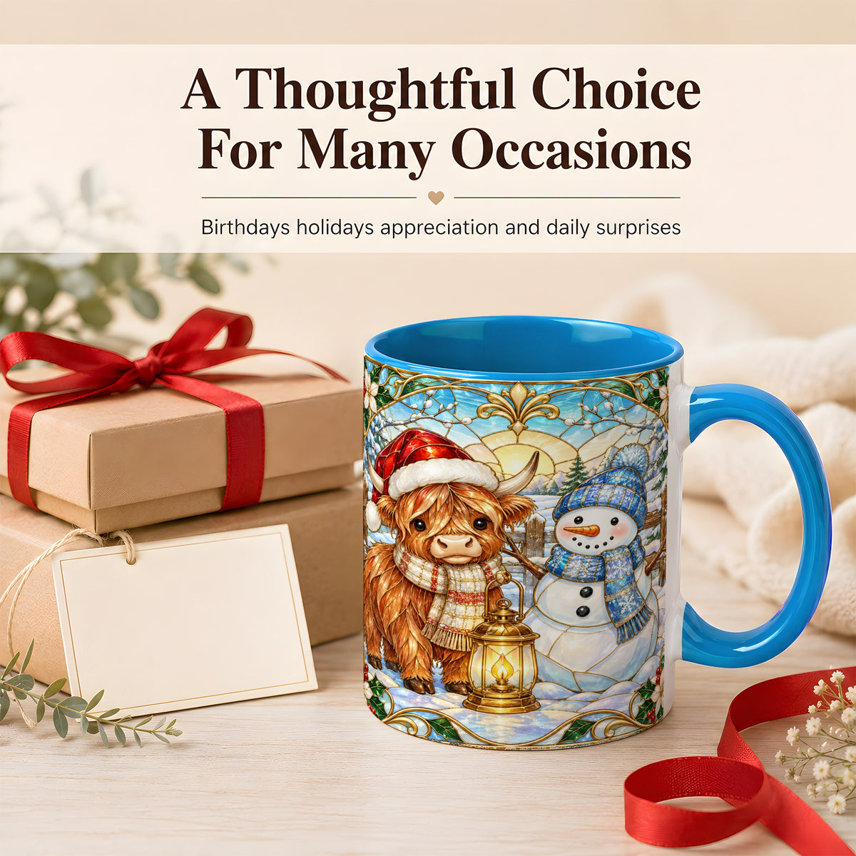 #pl[11oz|Blue] Highland Cow Snowman Coffee Mug, Winter Holiday Mug, Ceramic Cup