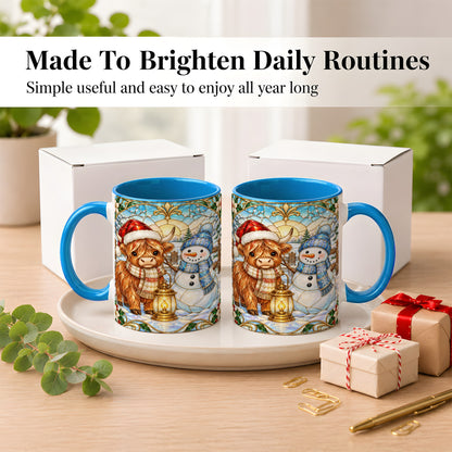 #pl[11oz|Blue] Highland Cow Snowman Coffee Mug, Winter Holiday Mug, Ceramic Cup