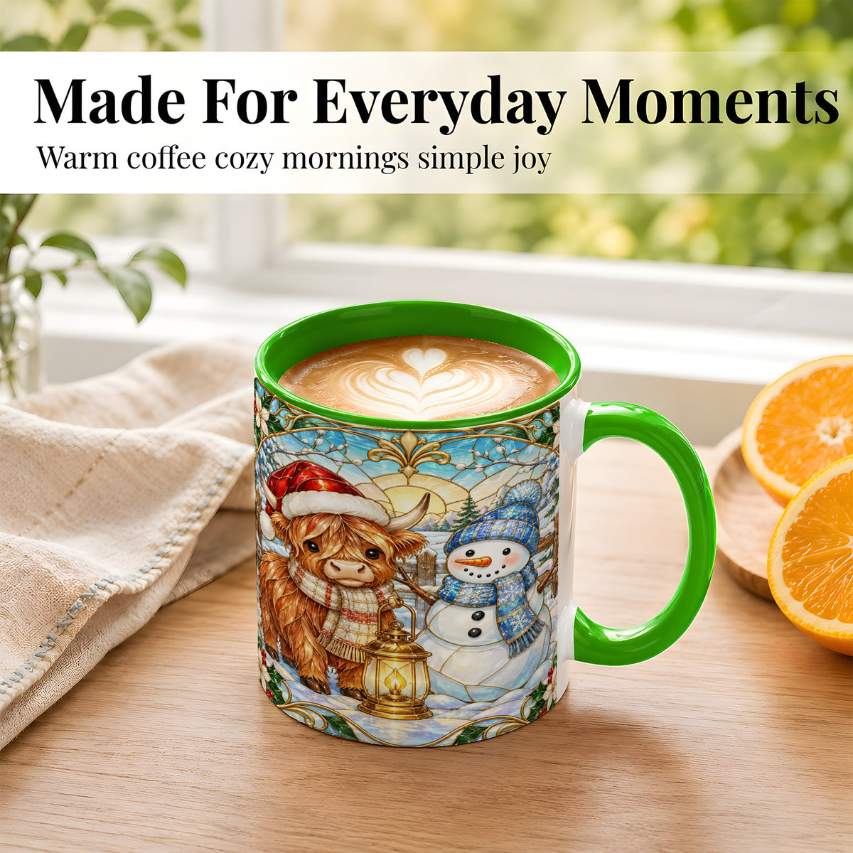 #pl[11oz|Green] Highland Cow Snowman Coffee Mug, Winter Holiday Mug, Ceramic Cup