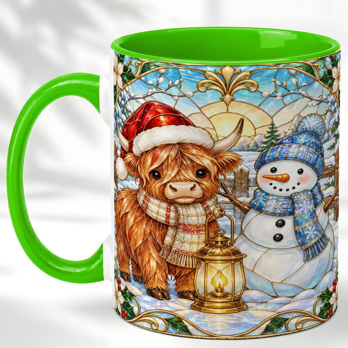 #pl[11oz|Green] Highland Cow Snowman Coffee Mug, Winter Holiday Mug, Ceramic Cup