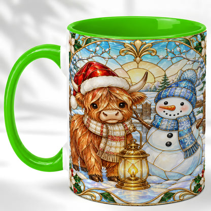 #pl[11oz|Green] Highland Cow Snowman Coffee Mug, Winter Holiday Mug, Ceramic Cup