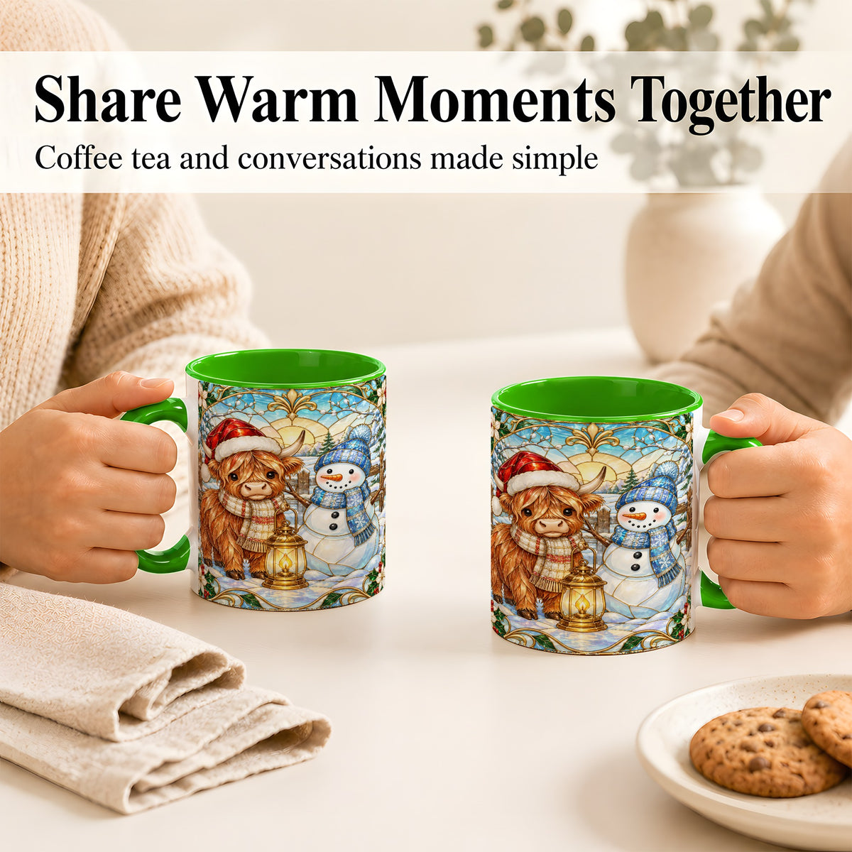 #pl[11oz|Green] Highland Cow Snowman Coffee Mug, Winter Holiday Mug, Ceramic Cup