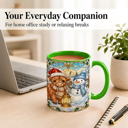 #pl[11oz|Green] Highland Cow Snowman Coffee Mug, Winter Holiday Mug, Ceramic Cup