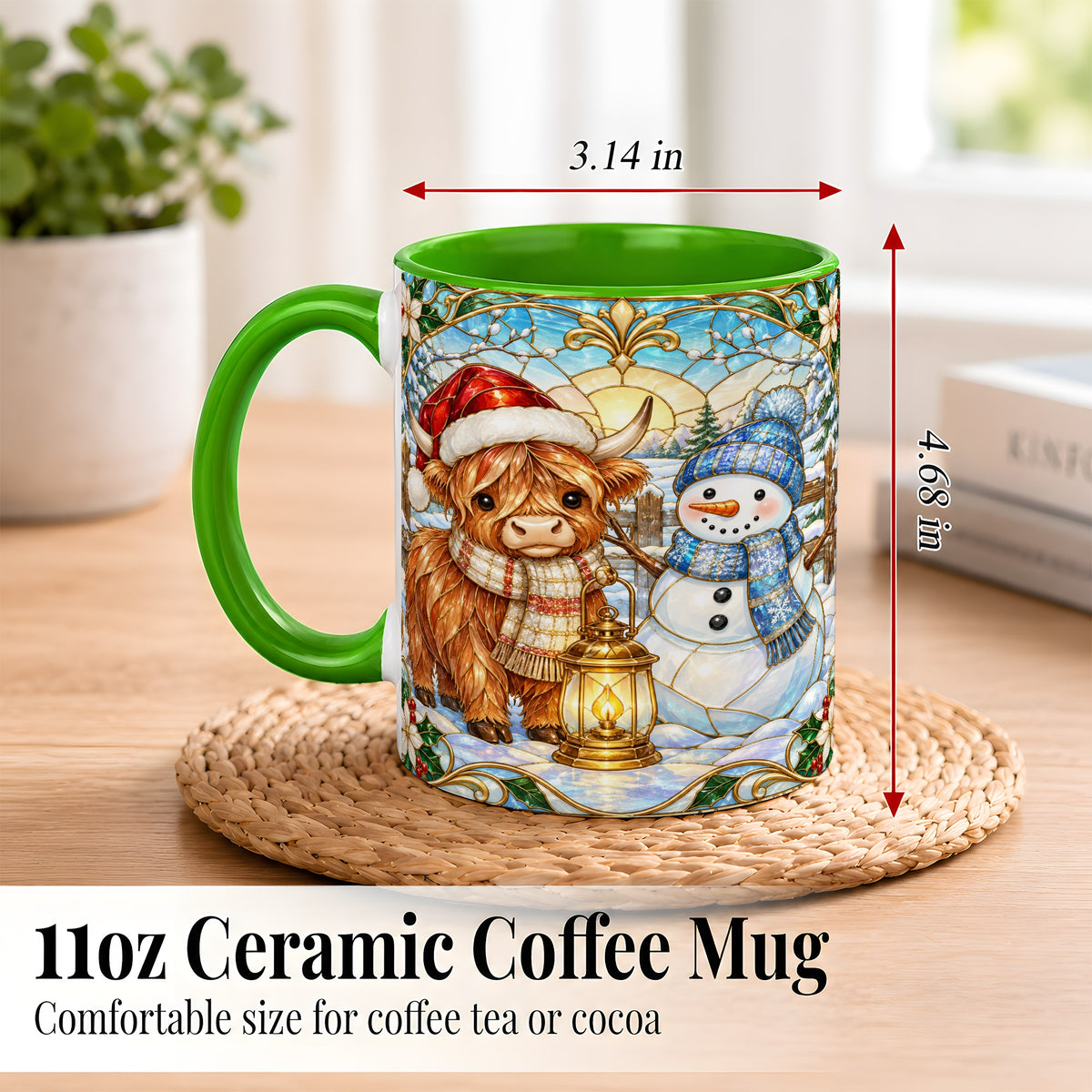 #pl[11oz|Green] Highland Cow Snowman Coffee Mug, Winter Holiday Mug, Ceramic Cup