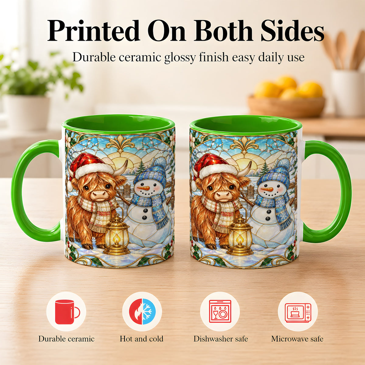 #pl[11oz|Green] Highland Cow Snowman Coffee Mug, Winter Holiday Mug, Ceramic Cup
