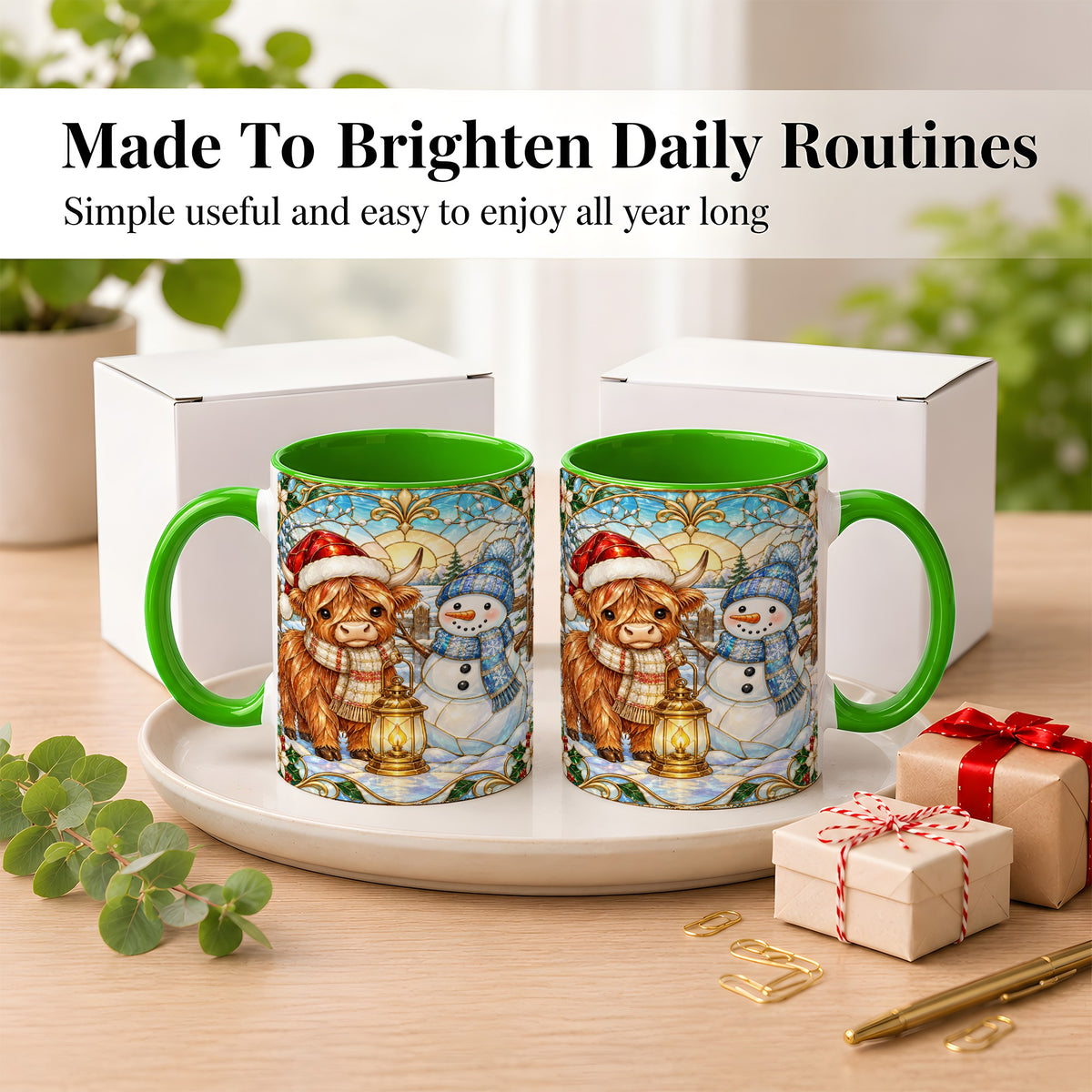 #pl[11oz|Green] Highland Cow Snowman Coffee Mug, Winter Holiday Mug, Ceramic Cup