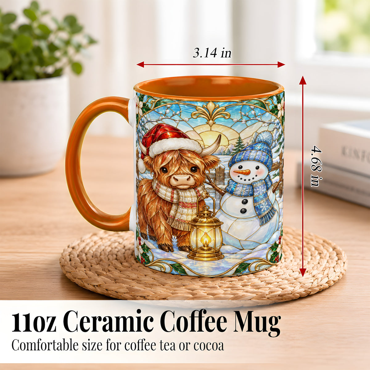 #pl[11oz|Orange] Highland Cow Snowman Coffee Mug, Winter Holiday Mug, Ceramic Cup