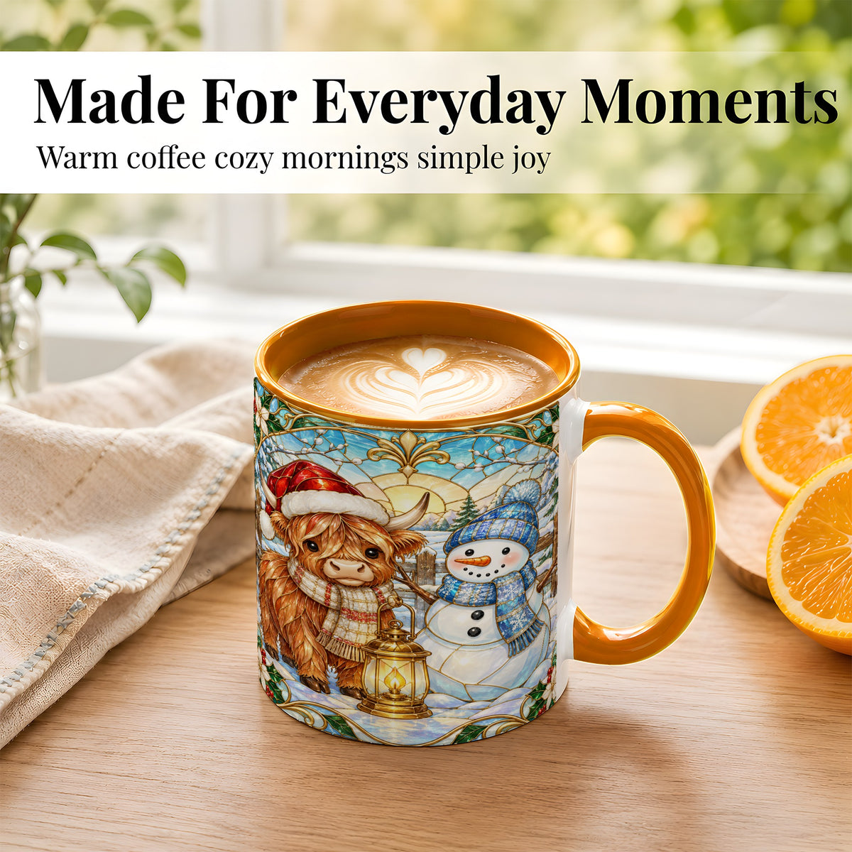 #pl[11oz|Orange] Highland Cow Snowman Coffee Mug, Winter Holiday Mug, Ceramic Cup