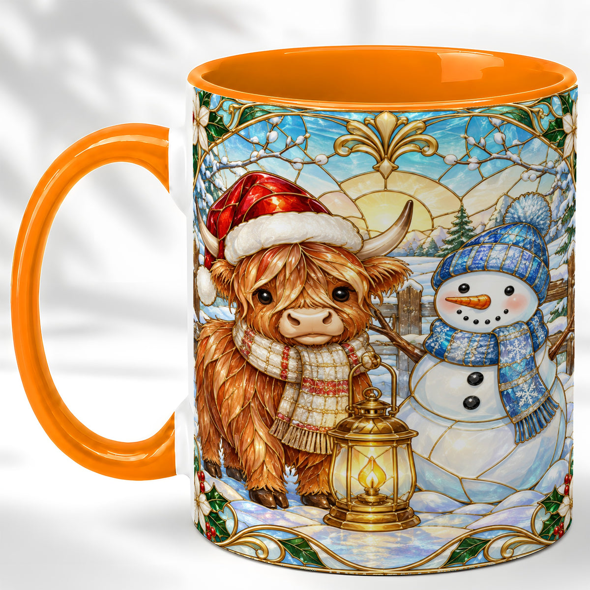 #pl[11oz|Orange] Highland Cow Snowman Coffee Mug, Winter Holiday Mug, Ceramic Cup