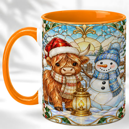 #pl[11oz|Orange] Highland Cow Snowman Coffee Mug, Winter Holiday Mug, Ceramic Cup