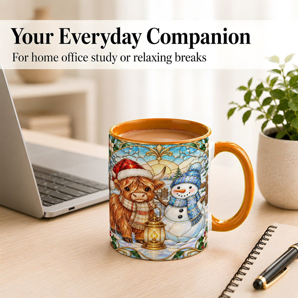 #pl[11oz|Orange] Highland Cow Snowman Coffee Mug, Winter Holiday Mug, Ceramic Cup