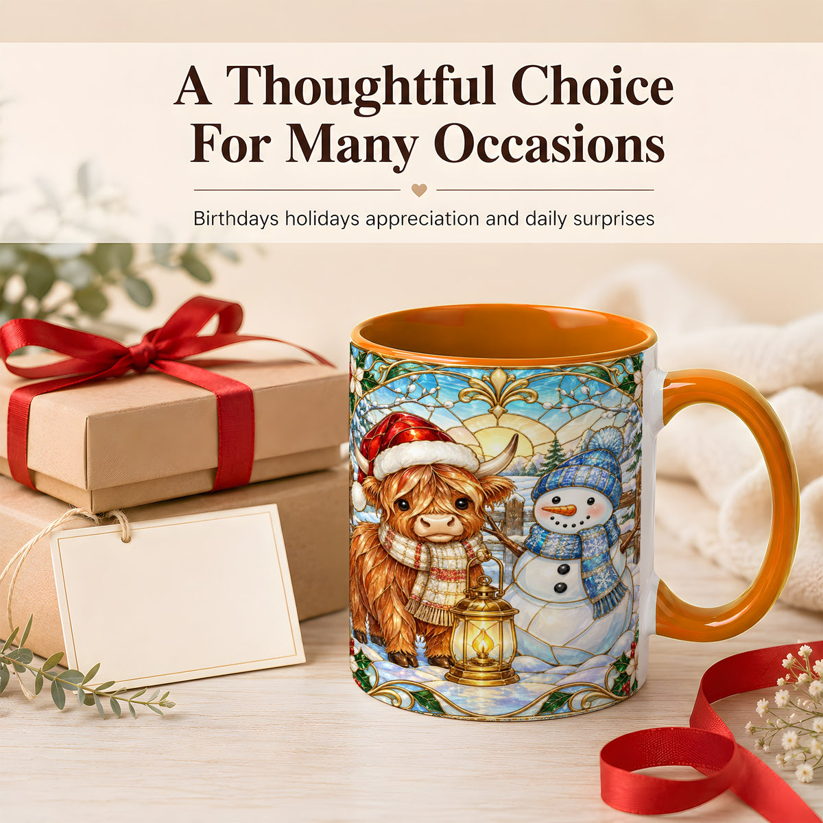 #pl[11oz|Orange] Highland Cow Snowman Coffee Mug, Winter Holiday Mug, Ceramic Cup