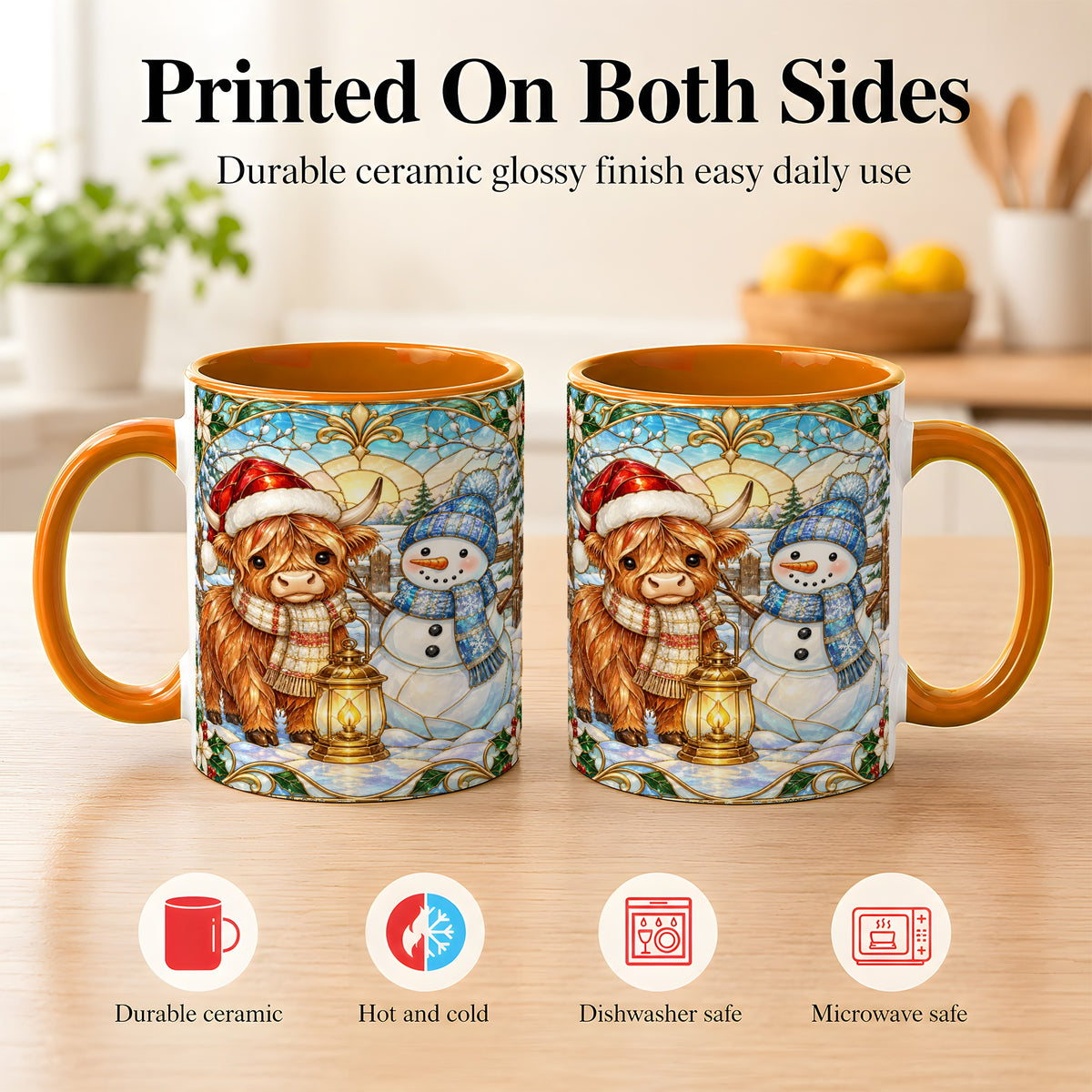 #pl[11oz|Orange] Highland Cow Snowman Coffee Mug, Winter Holiday Mug, Ceramic Cup