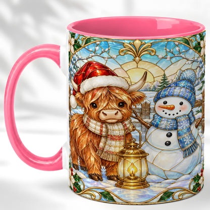 #pl[11oz|Pink] Highland Cow Snowman Coffee Mug, Winter Holiday Mug, Ceramic Cup