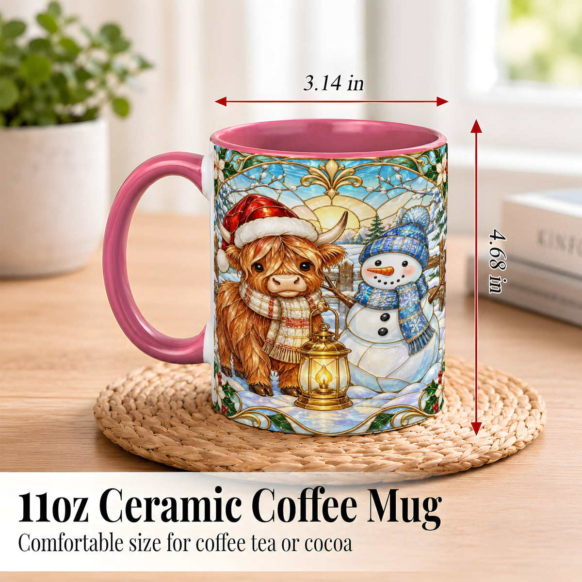 #pl[11oz|Pink] Highland Cow Snowman Coffee Mug, Winter Holiday Mug, Ceramic Cup