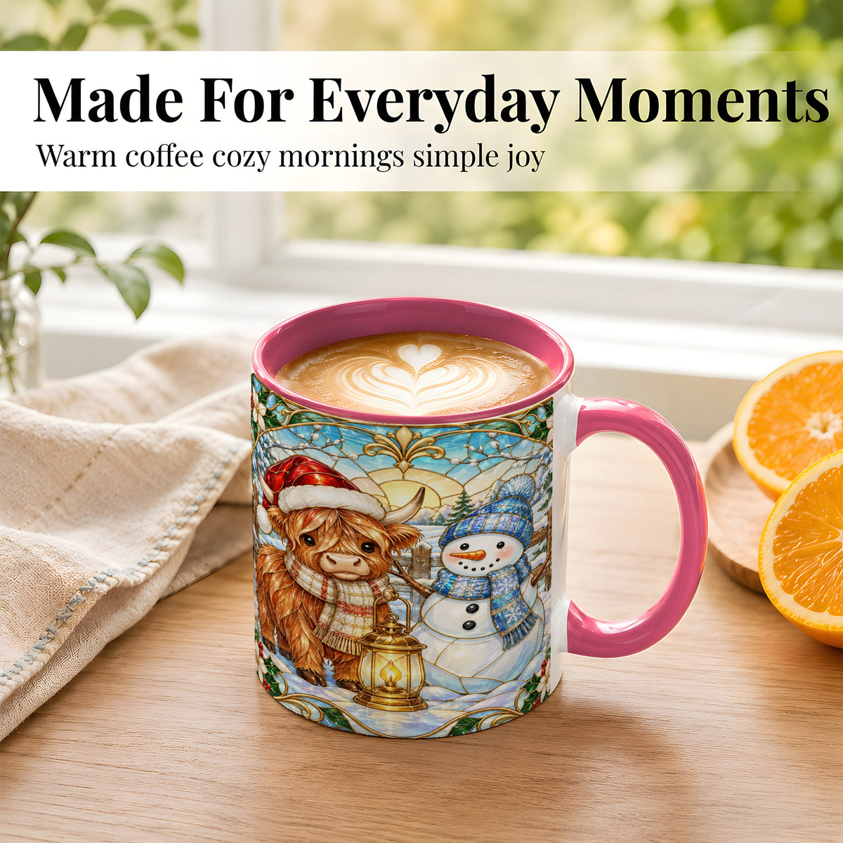 #pl[11oz|Pink] Highland Cow Snowman Coffee Mug, Winter Holiday Mug, Ceramic Cup