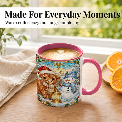 #pl[11oz|Pink] Highland Cow Snowman Coffee Mug, Winter Holiday Mug, Ceramic Cup