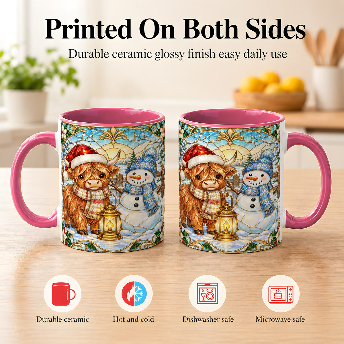 #pl[11oz|Pink] Highland Cow Snowman Coffee Mug, Winter Holiday Mug, Ceramic Cup
