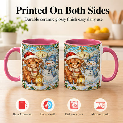 #pl[11oz|Pink] Highland Cow Snowman Coffee Mug, Winter Holiday Mug, Ceramic Cup