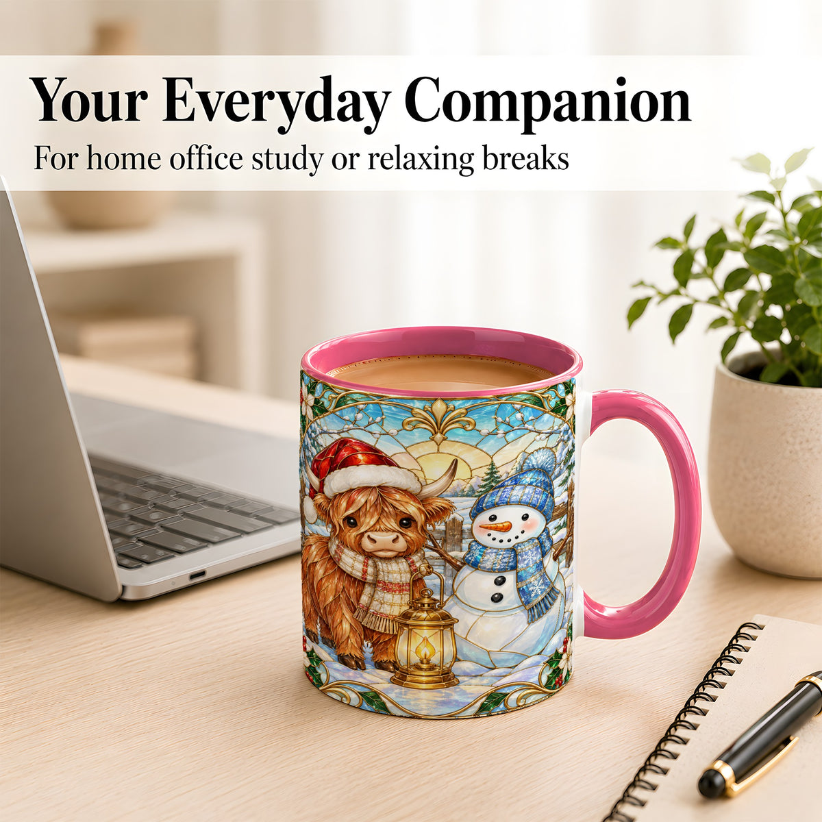 #pl[11oz|Pink] Highland Cow Snowman Coffee Mug, Winter Holiday Mug, Ceramic Cup