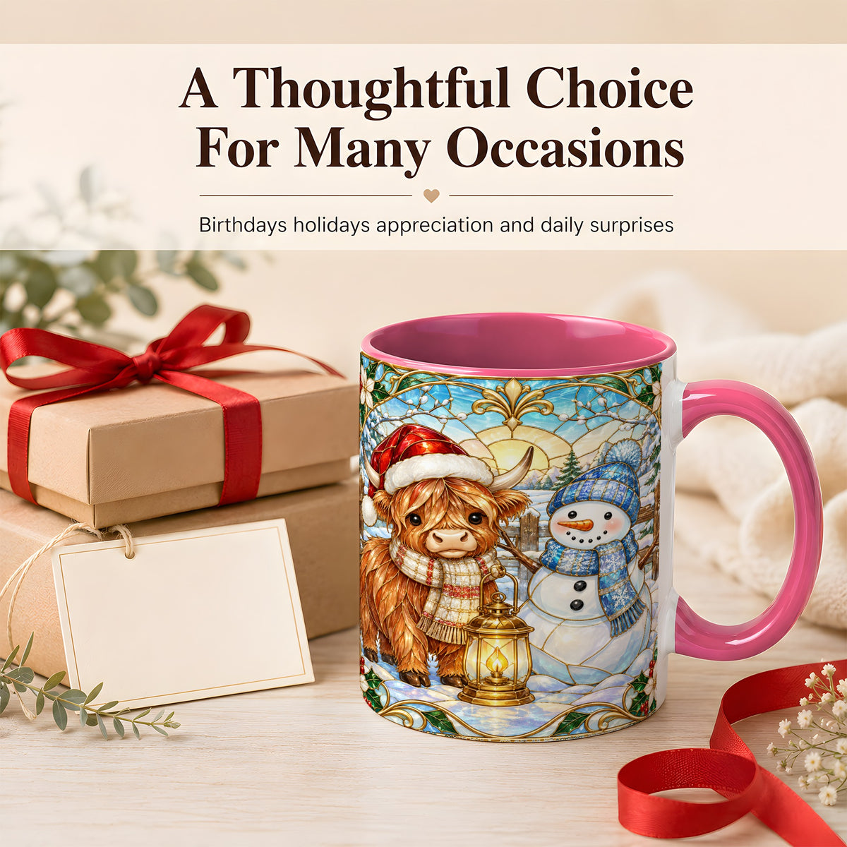 #pl[11oz|Pink] Highland Cow Snowman Coffee Mug, Winter Holiday Mug, Ceramic Cup