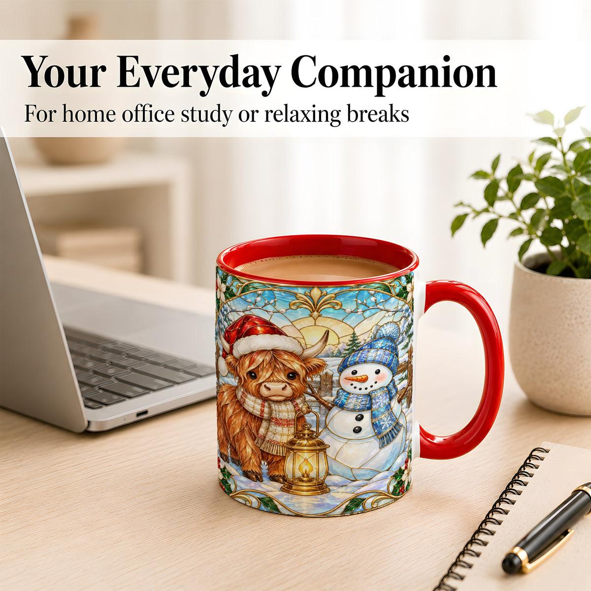 #pl[11oz|Red] Highland Cow Snowman Coffee Mug, Winter Holiday Mug, Ceramic Cup