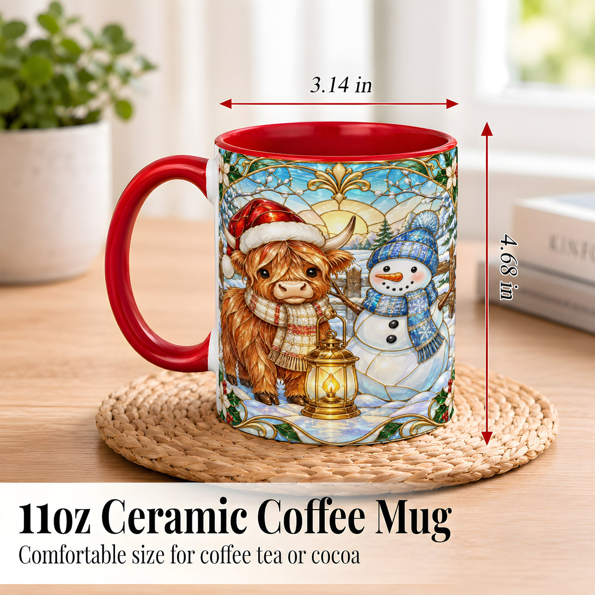 #pl[11oz|Red] Highland Cow Snowman Coffee Mug, Winter Holiday Mug, Ceramic Cup