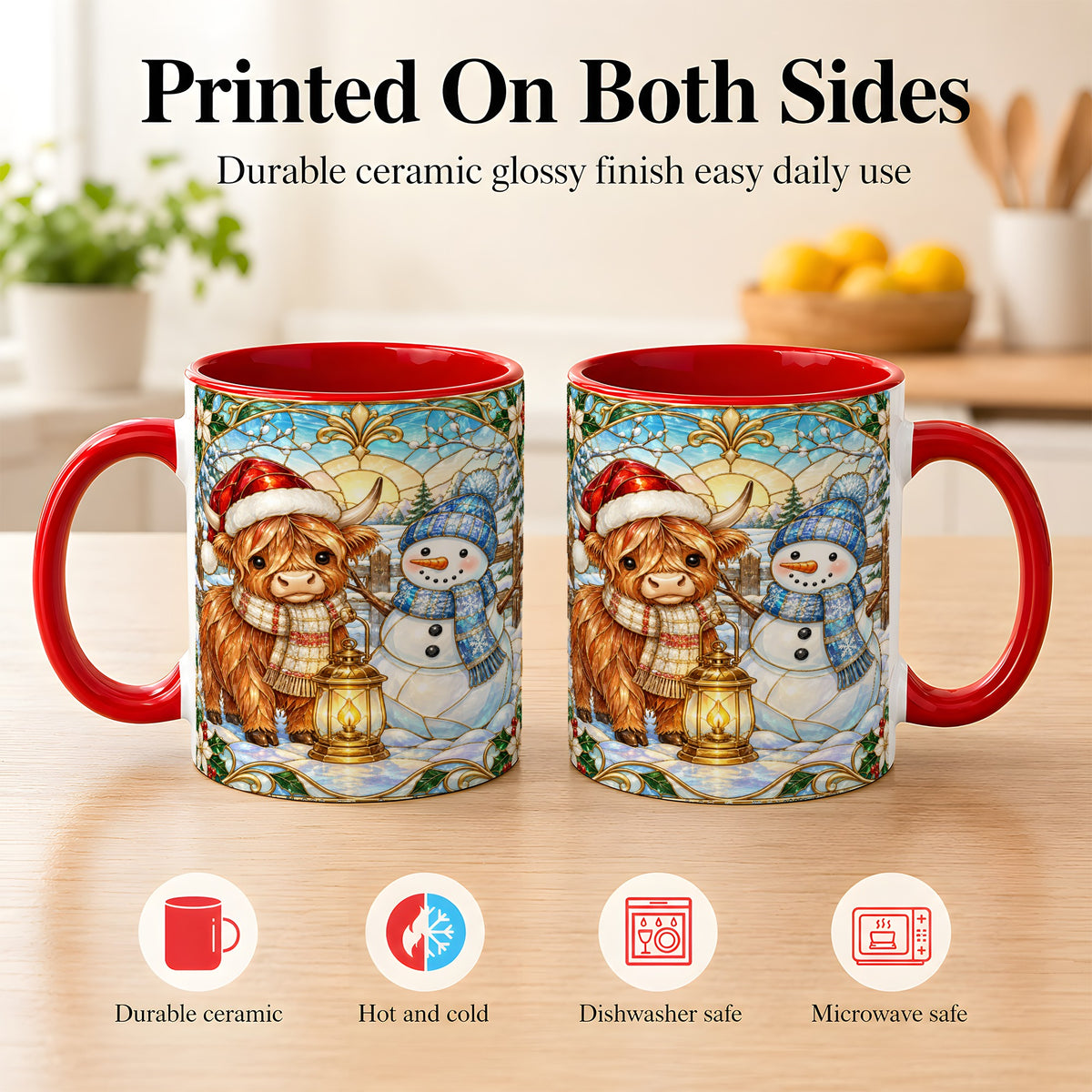 #pl[11oz|Red] Highland Cow Snowman Coffee Mug, Winter Holiday Mug, Ceramic Cup