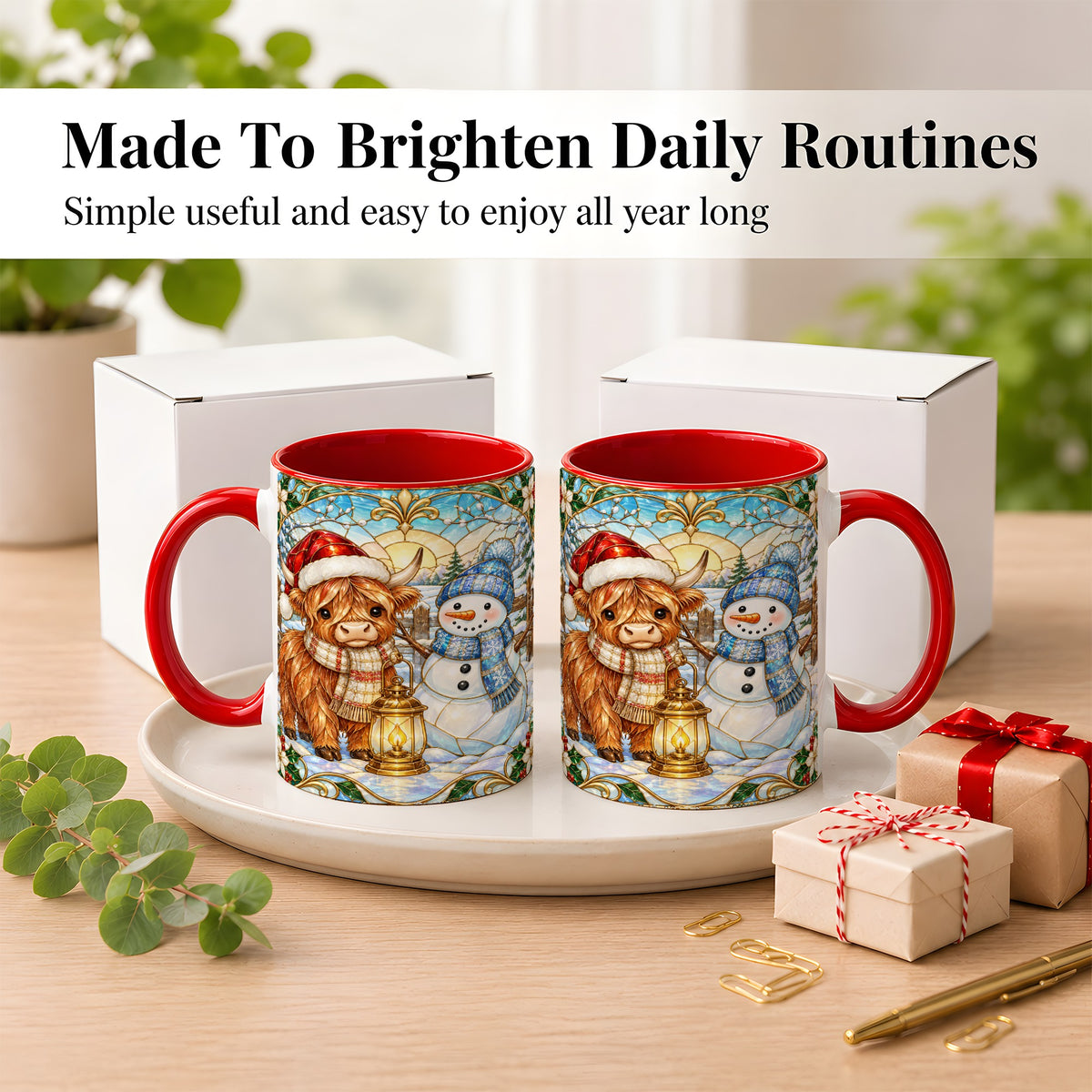 #pl[11oz|Red] Highland Cow Snowman Coffee Mug, Winter Holiday Mug, Ceramic Cup