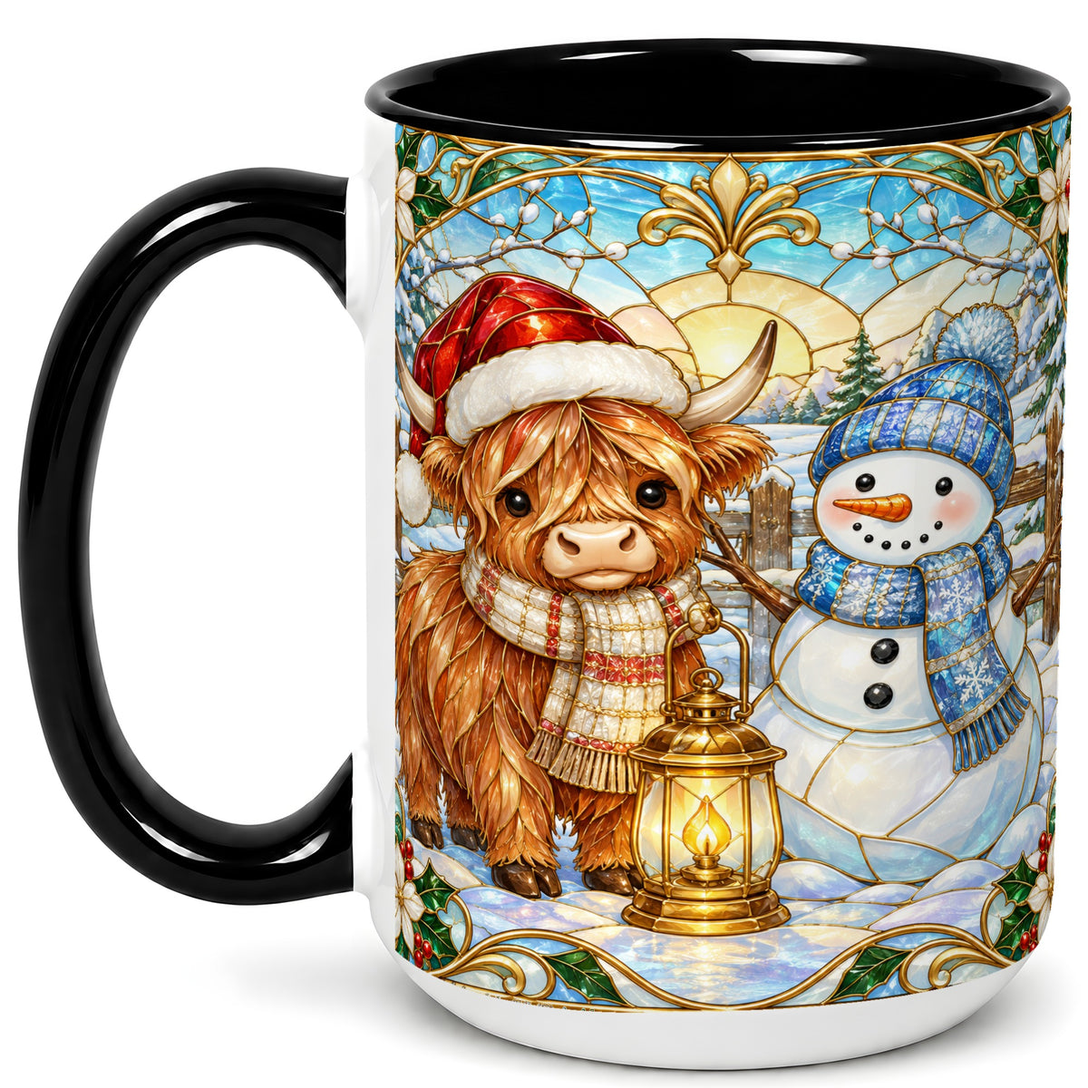 #pl[15oz|Black] Highland Cow Snowman Coffee Mug, Winter Holiday Mug, Ceramic Cup
