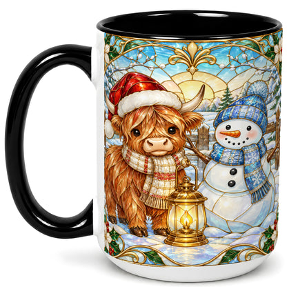 #pl[15oz|Black] Highland Cow Snowman Coffee Mug, Winter Holiday Mug, Ceramic Cup