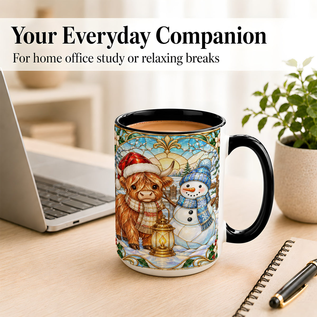 #pl[15oz|Black] Highland Cow Snowman Coffee Mug, Winter Holiday Mug, Ceramic Cup