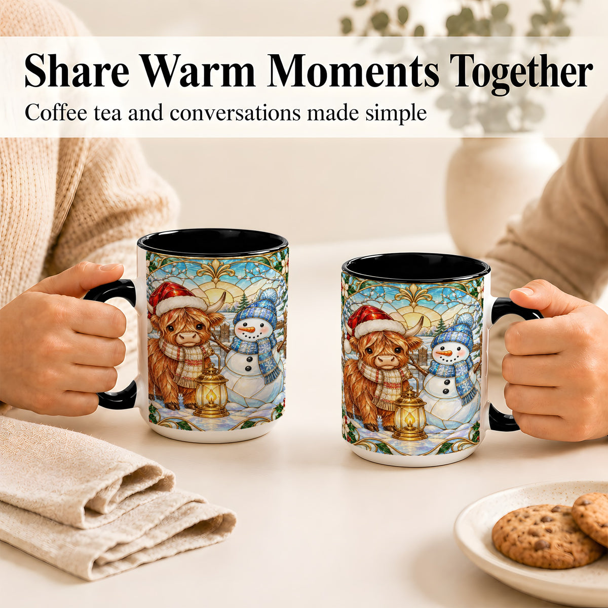 #pl[15oz|Black] Highland Cow Snowman Coffee Mug, Winter Holiday Mug, Ceramic Cup