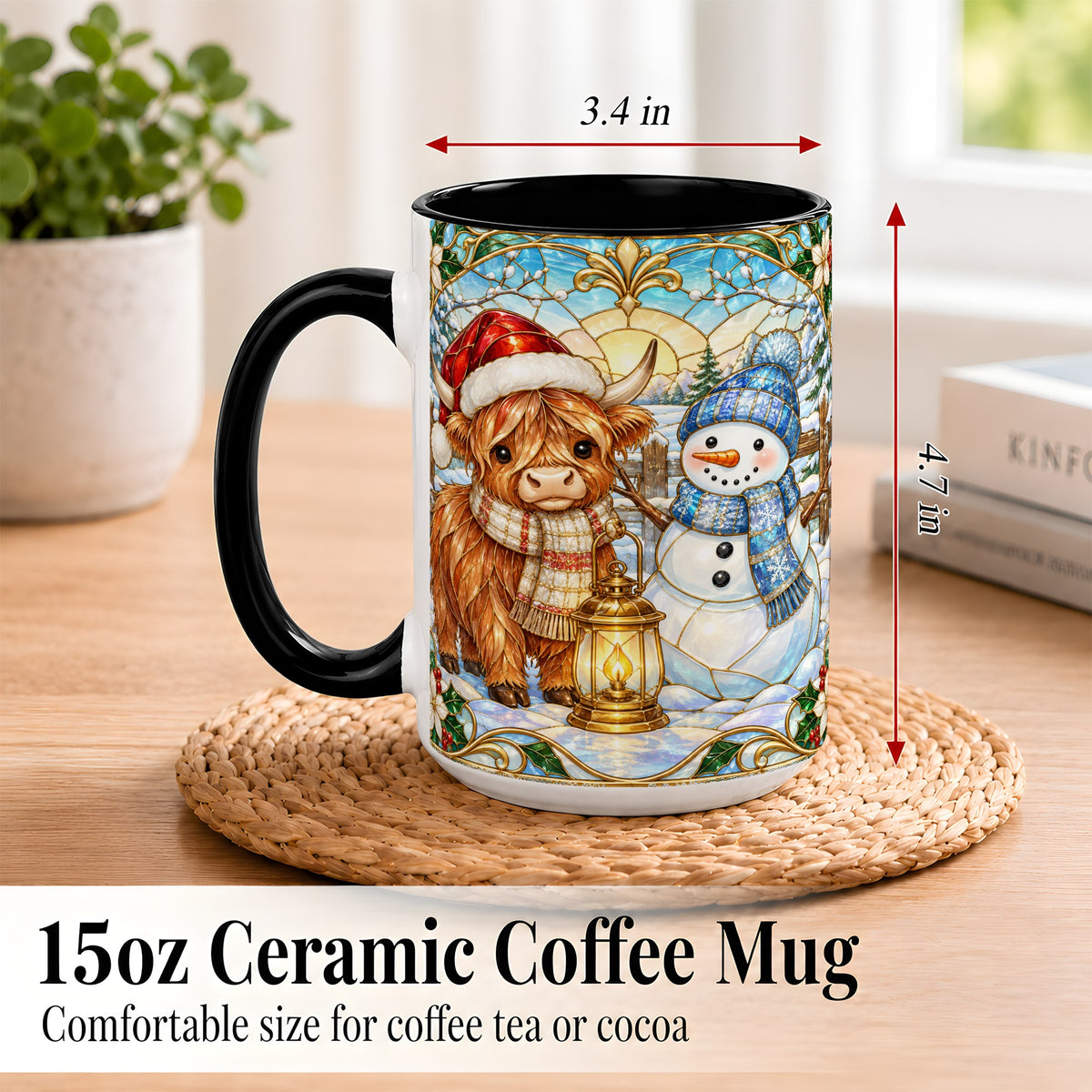 #pl[15oz|Black] Highland Cow Snowman Coffee Mug, Winter Holiday Mug, Ceramic Cup