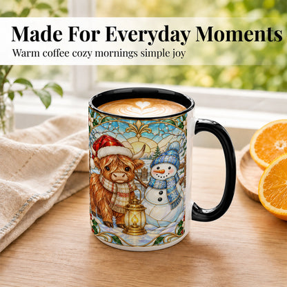 #pl[15oz|Black] Highland Cow Snowman Coffee Mug, Winter Holiday Mug, Ceramic Cup