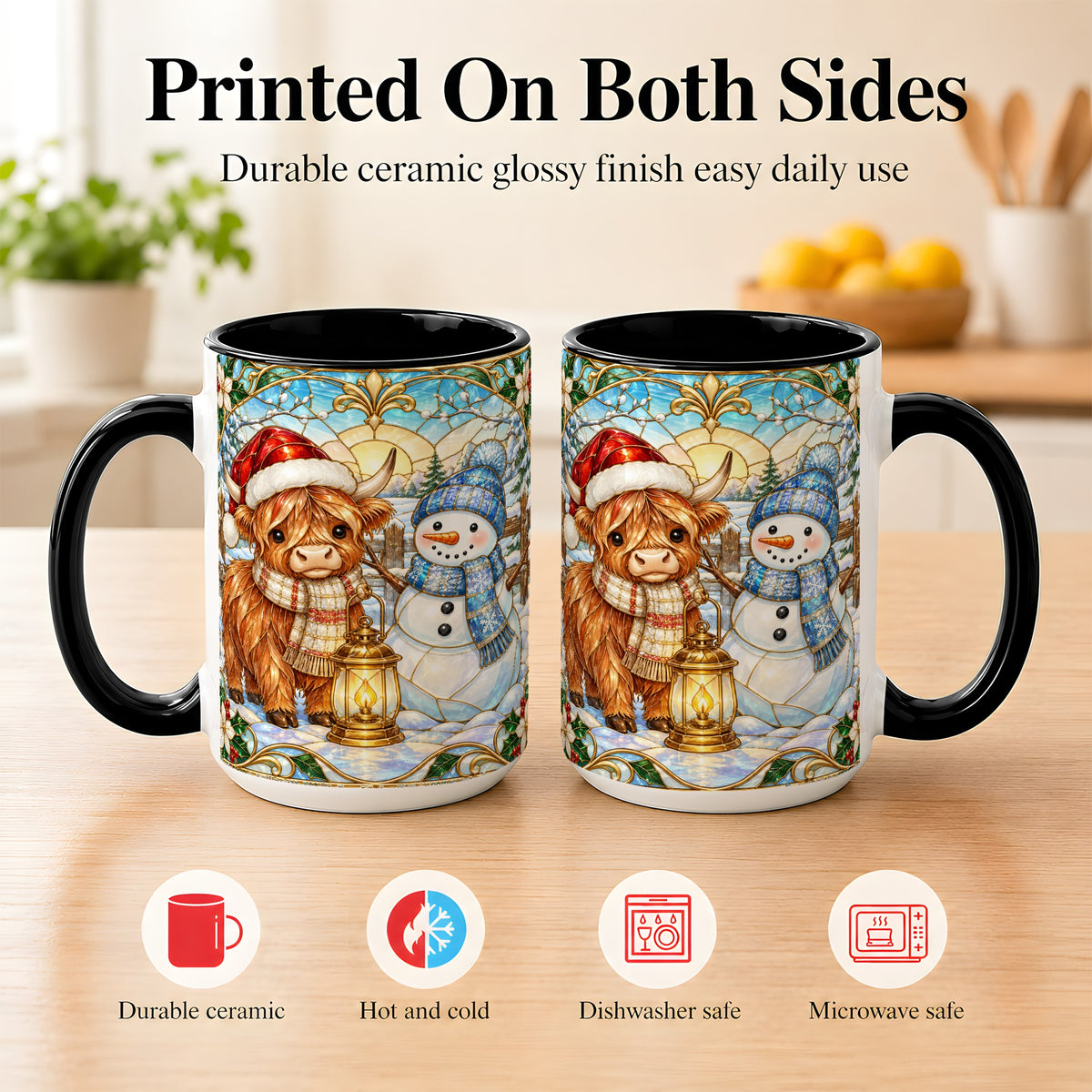 #pl[15oz|Black] Highland Cow Snowman Coffee Mug, Winter Holiday Mug, Ceramic Cup