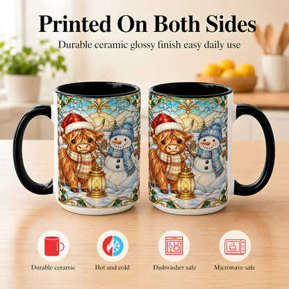 #pl[15oz|Black] Highland Cow Snowman Coffee Mug, Winter Holiday Mug, Ceramic Cup