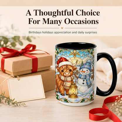 #pl[15oz|Black] Highland Cow Snowman Coffee Mug, Winter Holiday Mug, Ceramic Cup